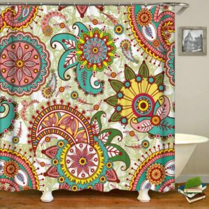 Colorful Floral Shower Curtain, Bohemian Boho Flowers Swirl Design Home Bath Decor