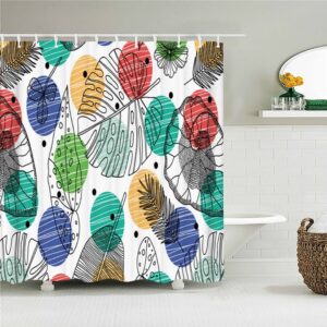 Colorful Leaves Palm Monstera Shower Curtain, Botanical Tropical Blue Green, Fabric Bath Curtain