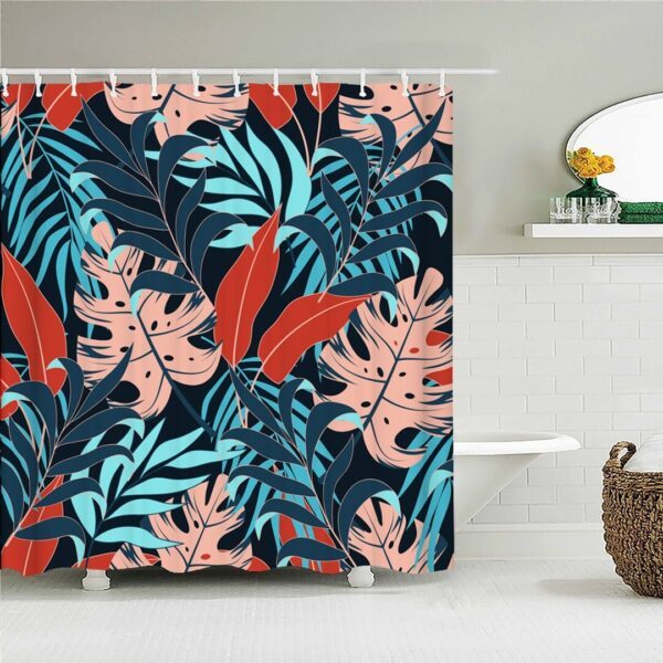 Colorful Palm Leaves Shower Curtain, Botanical Tropical Blue Red Forest, Fabric Bath Curtain