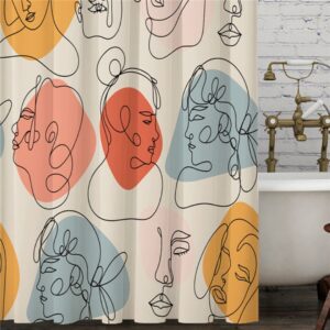 Colorful Woman Portrait Boho Shower Curtain, Women Face Line Drawing Silhouettes Bathroom Curtain, Home Bath Decor