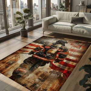 Courageous Decor: Personalized America Flag Fire Fighter Rug, Firefighter Rugs for Living Room Bedroom, Firefighter Rectangular Rugs Full Size FR156