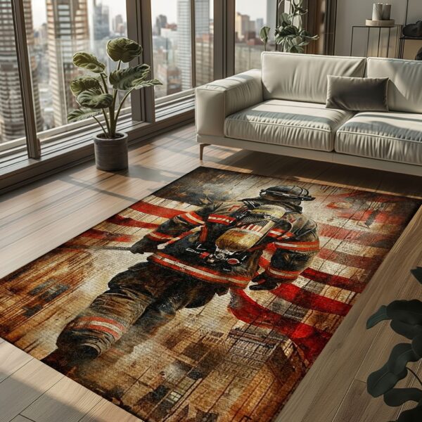 Courageous Decor: Personalized America Flag Fire Fighter Rug, Firefighter Rugs for Living Room Bedroom, Firefighter Rectangular Rugs Full Size FR156