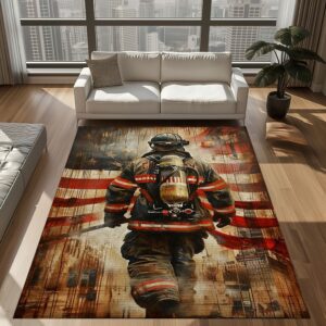 Courageous Decor: Personalized America Flag Fire Fighter Rug, Firefighter Rugs for Living Room Bedroom, Firefighter Rectangular Rugs Full Size FR156