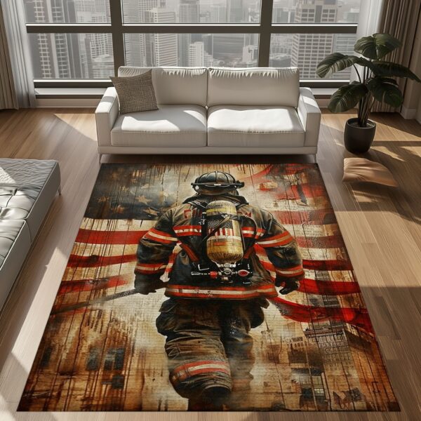 Courageous Decor: Personalized America Flag Fire Fighter Rug, Firefighter Rugs for Living Room Bedroom, Firefighter Rectangular Rugs Full Size FR156