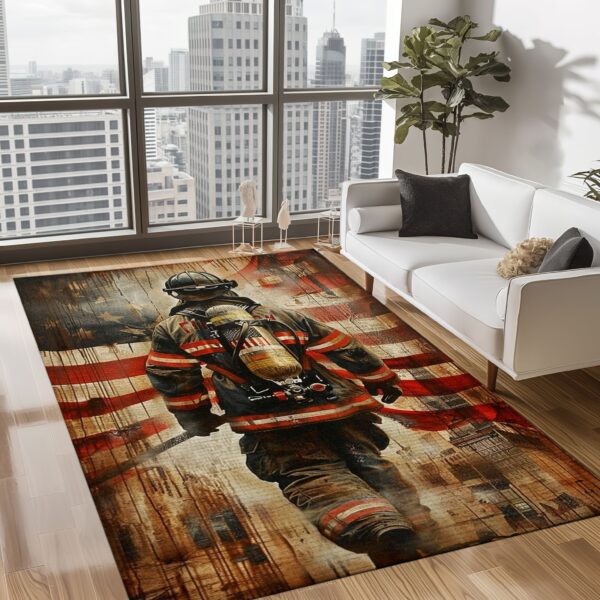 Courageous Decor: Personalized America Flag Fire Fighter Rug, Firefighter Rugs for Living Room Bedroom, Firefighter Rectangular Rugs Full Size FR156