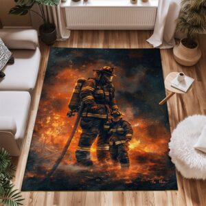 Courageous Legacy: Personalized Father and Son Fire Fighter Rug, Firefighter Rugs for Living Room Bedroom, Firefighter Rectangular Rugs Full Size FR146