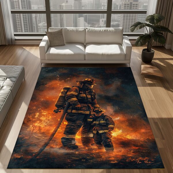 Courageous Legacy: Personalized Father and Son Fire Fighter Rug, Firefighter Rugs for Living Room Bedroom, Firefighter Rectangular Rugs Full Size FR146