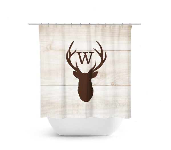 Custom Monogram Shower Curtain, Hunting Lodge Decor, Deer Head Antler Bathtub Curtain, Woodland Bathroom, Brown Rustic Shower