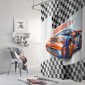 Custom Personalized Race Car Shower Curtain, Bath Mat, Towels, Racing Fan