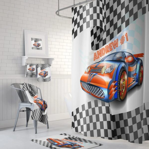 Custom Personalized Race Car Shower Curtain, Bath Mat, Towels, Racing Fan