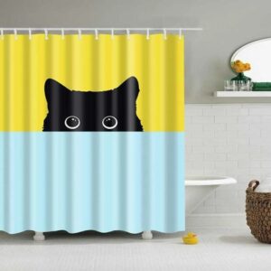Cute Black Cat Shower Curtain, Yellow Blue Hiding Cat Pet Animal, Home Bath Decor Cat Lovers Cat Mom