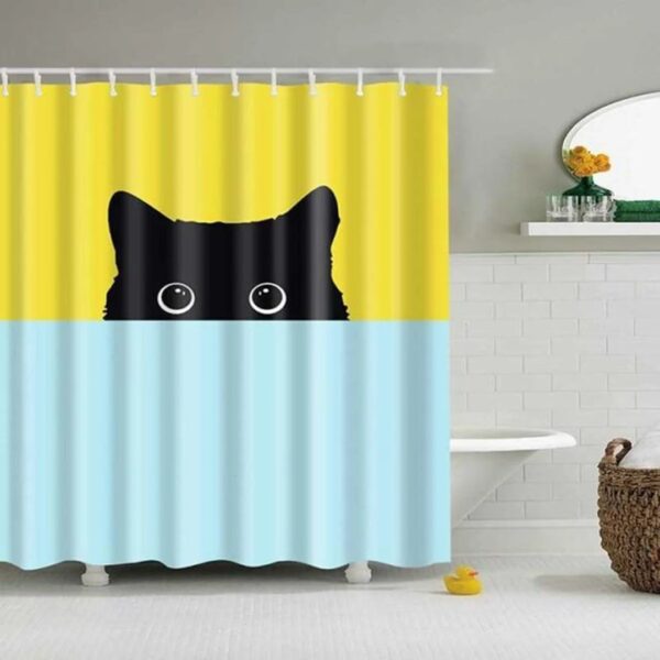 Cute Black Cat Shower Curtain, Yellow Blue Hiding Cat Pet Animal, Home Bath Decor Cat Lovers Cat Mom