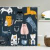 Cute Cat Shower Curtain, Cats Pet Animal Blue Fabric Japanese Design For Cat Lovers And Cat Mom