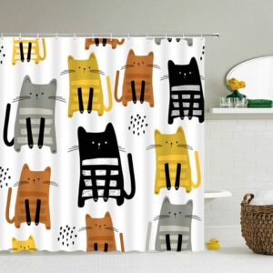 Cute Cat Shower Curtain, Cats Pet Animal Fabric Japanese Design, Bathroom Decor For Cat Lovers And Cat Mom