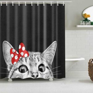 Cute Cat Shower Curtain, Gray White Cat With Ribbon Pet Animal, Home Bath Decor For Cat Lovers Cat Mom
