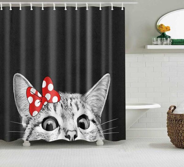 Cute Cat Shower Curtain, Gray White Cat With Ribbon Pet Animal, Home Bath Decor For Cat Lovers Cat Mom
