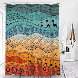 Desert Graphic Landscape Shower Curtain, Colorful Land Trees Animals Sun Bath Curtain Accessories