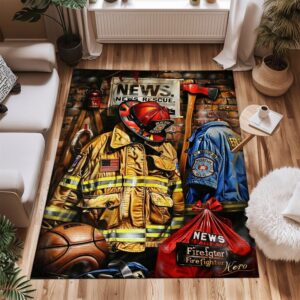 Dive into Heroism with Firefighter's Gear and Memorabilia Area Rug, Firefighter Rugs for Living Room Bedroom, Firefighter Rectangular Rugs Full Size FR127