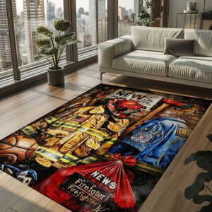 Dive into Heroism with Firefighter's Gear and Memorabilia Area Rug, Firefighter Rugs for Living Room Bedroom, Firefighter Rectangular Rugs Full Size FR127