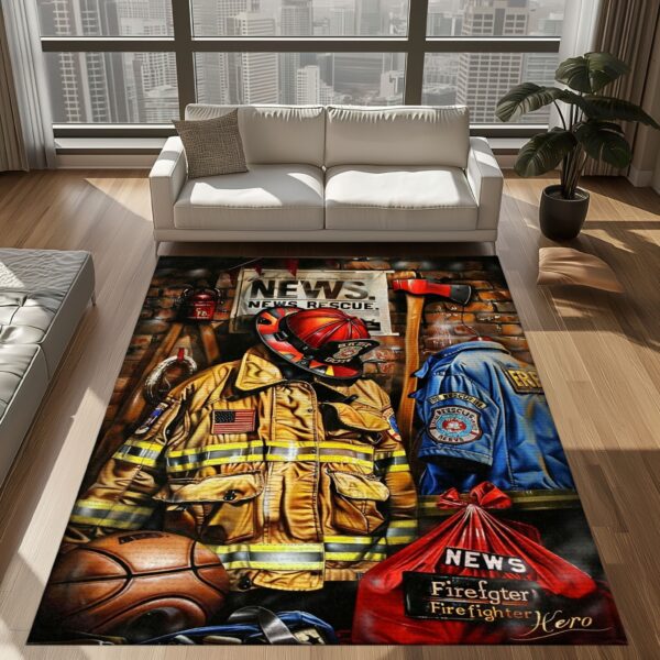 Dive into Heroism with Firefighter's Gear and Memorabilia Area Rug, Firefighter Rugs for Living Room Bedroom, Firefighter Rectangular Rugs Full Size FR127