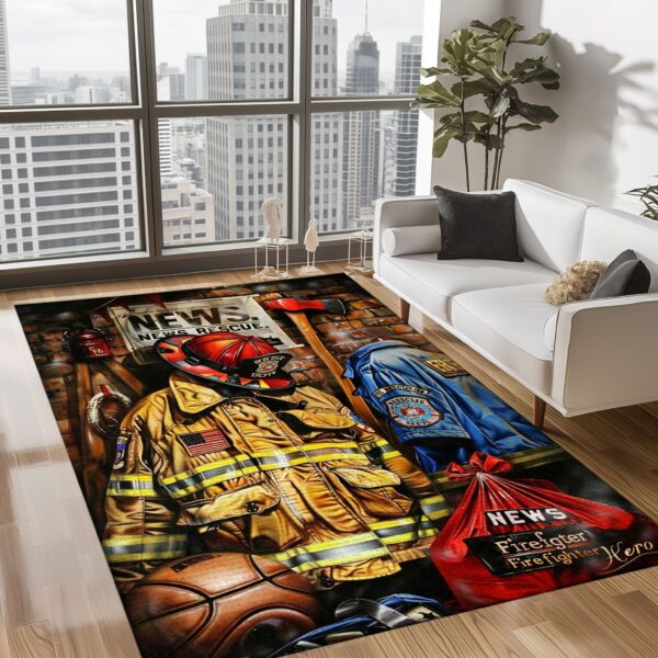 Dive into Heroism with Firefighter's Gear and Memorabilia Area Rug, Firefighter Rugs for Living Room Bedroom, Firefighter Rectangular Rugs Full Size FR127