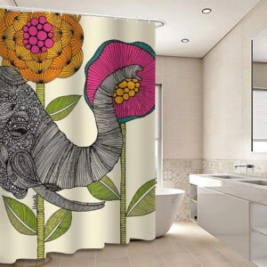 Elephant And Pink Flower Shower Curtain, Cute Africa Safari Animal Wildlife Kids Children Bathroom, Home Bath Decor