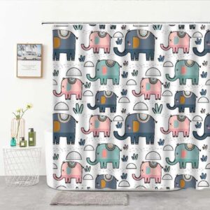 Elephant In The Jungle Shower Curtain, Pink Blue Giant Cute Animal, Fabric Bath Curtain, Home Decor Accessories Kids Children