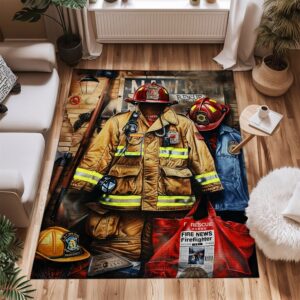 Elevate Your Home Decor with Custom Firefighter's Gear and Memorabilia Rug, Firefighter Rugs for Living Room Bedroom, Firefighter Rectangular Rugs Full Size FR128