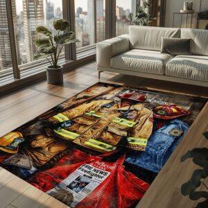 Elevate Your Home Decor with Custom Firefighter's Gear and Memorabilia Rug, Firefighter Rugs for Living Room Bedroom, Firefighter Rectangular Rugs Full Size FR128