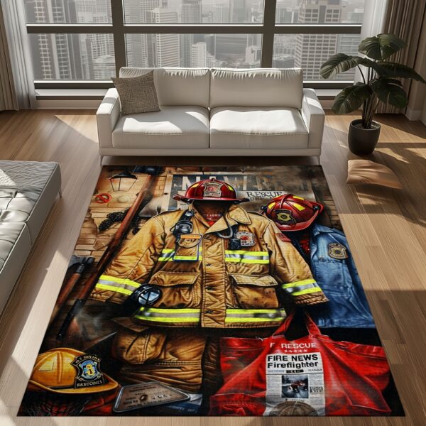 Elevate Your Home Decor with Custom Firefighter's Gear and Memorabilia Rug, Firefighter Rugs for Living Room Bedroom, Firefighter Rectangular Rugs Full Size FR128