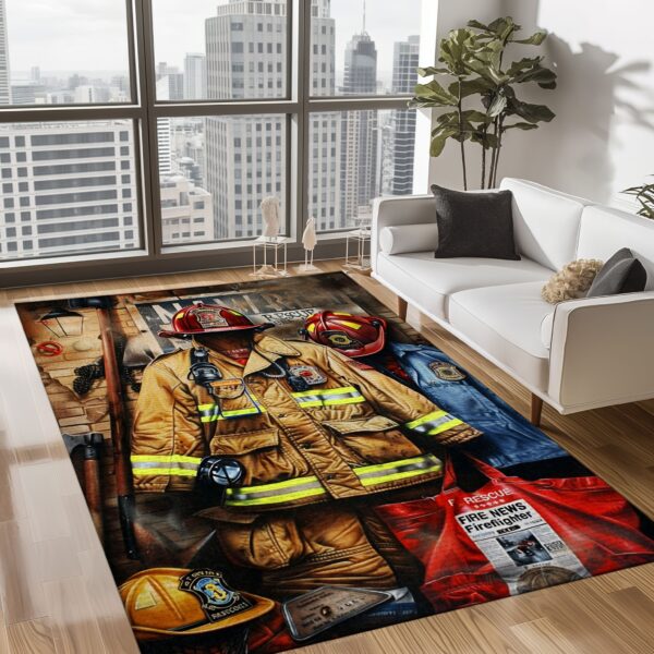 Elevate Your Home Decor with Custom Firefighter's Gear and Memorabilia Rug, Firefighter Rugs for Living Room Bedroom, Firefighter Rectangular Rugs Full Size FR128