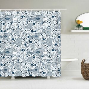 Fish White Blue Shower Curtain, Japanese Nordic Ocean Sea Fishes Underwater, Home Bath Decor