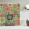 Floral Mosaic Tile Boho Shower Curtain, Bohemian Chic Geometric Blue Mandala Home Bathroom Decor