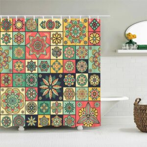 Floral Mosaic Tile Boho Shower Curtain, Bohemian Chic Geometric Blue Mandala Home Bathroom Decor