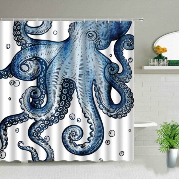 Giant Octopus Shower Curtain, Blue White Ocean Sea Coastal Marine Squid Mollusca, Bath Tub Curtain
