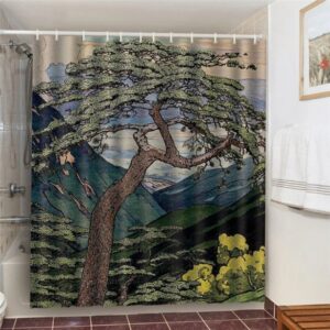Giant Tree In The Mountain Shower Curtain, Valley Landscape Yellow Flower Green Leaves Decor