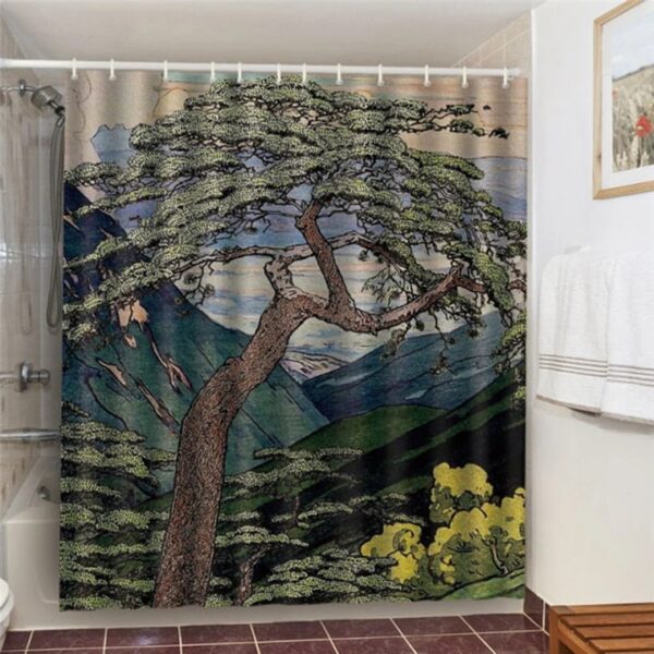 Giant Tree In The Mountain Shower Curtain, Valley Landscape Yellow Flower Green Leaves Decor
