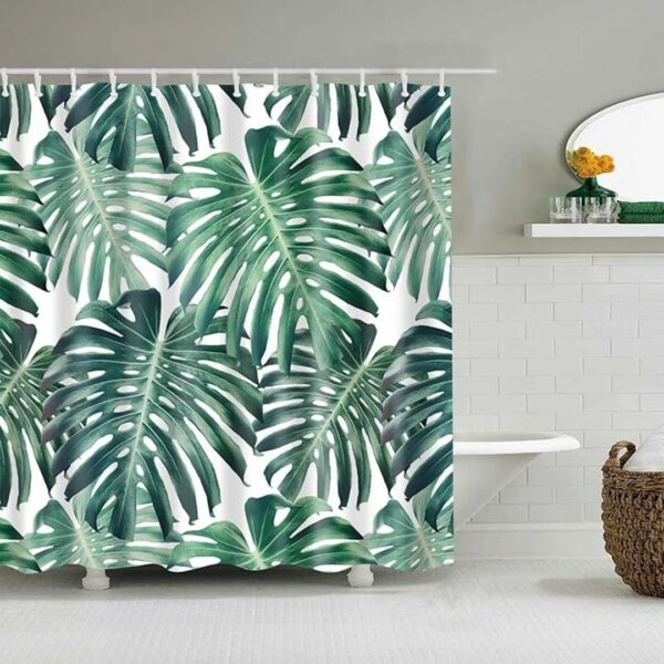 Green Palm Leaves Shower Curtain, Botanical Tropical Rain Forest Plant Fabric Bathroom Curtain, Bath Curtain