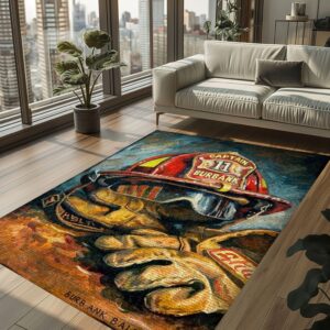 Heroic Decor Accent: Custom Firefighter's Gear and Memorabilia Area Rug, Firefighter Rugs for Living Room Bedroom, Firefighter Rectangular Rugs Full Size FR133