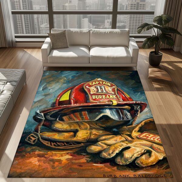 Heroic Decor Accent: Custom Firefighter's Gear and Memorabilia Area Rug, Firefighter Rugs for Living Room Bedroom, Firefighter Rectangular Rugs Full Size FR133