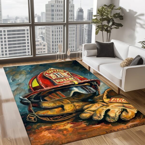 Heroic Decor Accent: Custom Firefighter's Gear and Memorabilia Area Rug, Firefighter Rugs for Living Room Bedroom, Firefighter Rectangular Rugs Full Size FR133