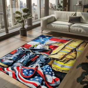 Heroic Decor Essential: Personalized Firefighter's Gear and Memorabilia Rug, Firefighter Rugs for Living Room Bedroom, Firefighter Rectangular Rugs Full Size FR140