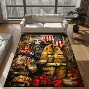 Heroic Touch: Custom Firefighter's Gear and Memorabilia Area Rug, Firefighter Rugs for Living Room Bedroom, Firefighter Rectangular Rugs Full Size FR129
