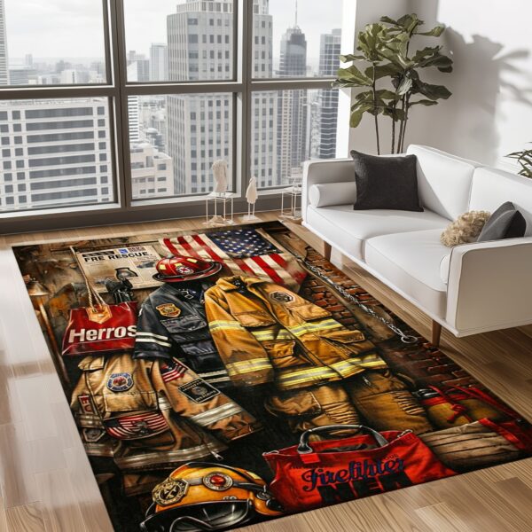 Heroic Touch: Custom Firefighter's Gear and Memorabilia Area Rug, Firefighter Rugs for Living Room Bedroom, Firefighter Rectangular Rugs Full Size FR129