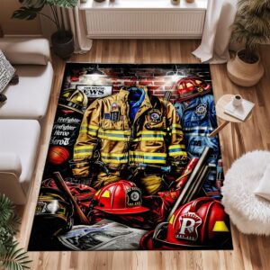 Make a Statement with Personalized Firefighter's Gear and Memorabilia Rug, Firefighter Rugs for Living Room Bedroom, Firefighter Rectangular Rugs Full Size FR130