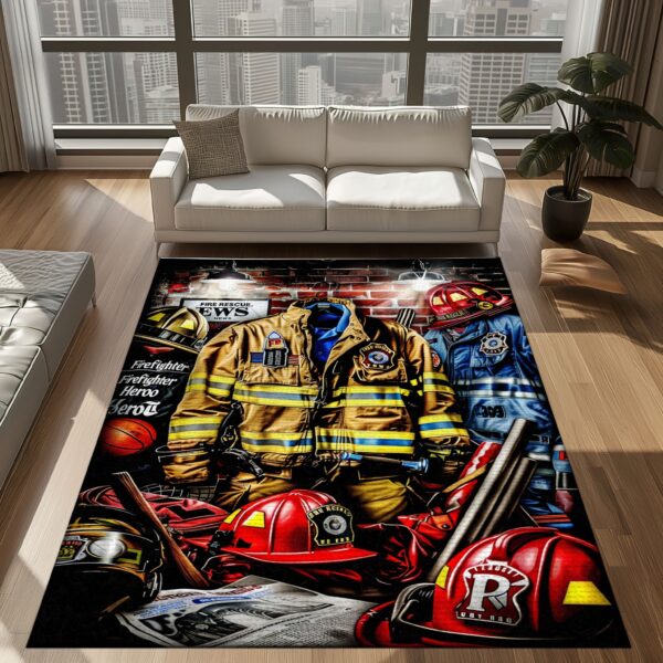 Make a Statement with Personalized Firefighter's Gear and Memorabilia Rug, Firefighter Rugs for Living Room Bedroom, Firefighter Rectangular Rugs Full Size FR130