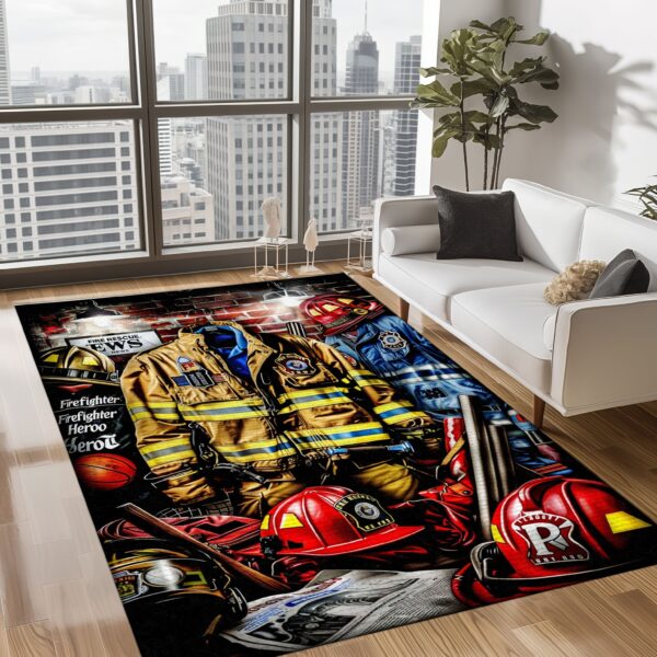 Make a Statement with Personalized Firefighter's Gear and Memorabilia Rug, Firefighter Rugs for Living Room Bedroom, Firefighter Rectangular Rugs Full Size FR130