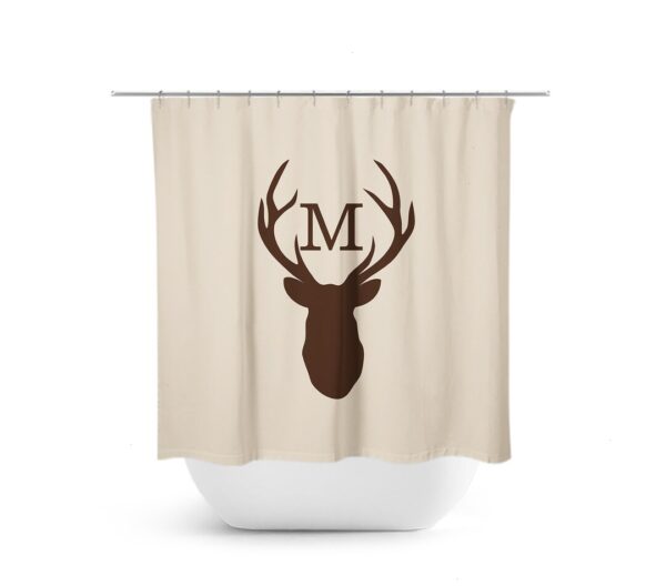 Monogram Shower Curtain, Deer Head Antler Bathtub Curtain, Woodland Bathroom, Brown Bathroom Decor, Brown Boy Bathroom