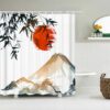 Mountain View And Bamboo Tree Shower Curtain, Beautiful Japanese Classic Watercolor Moon Landscape