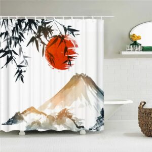 Mountain View And Bamboo Tree Shower Curtain, Beautiful Japanese Classic Watercolor Moon Landscape